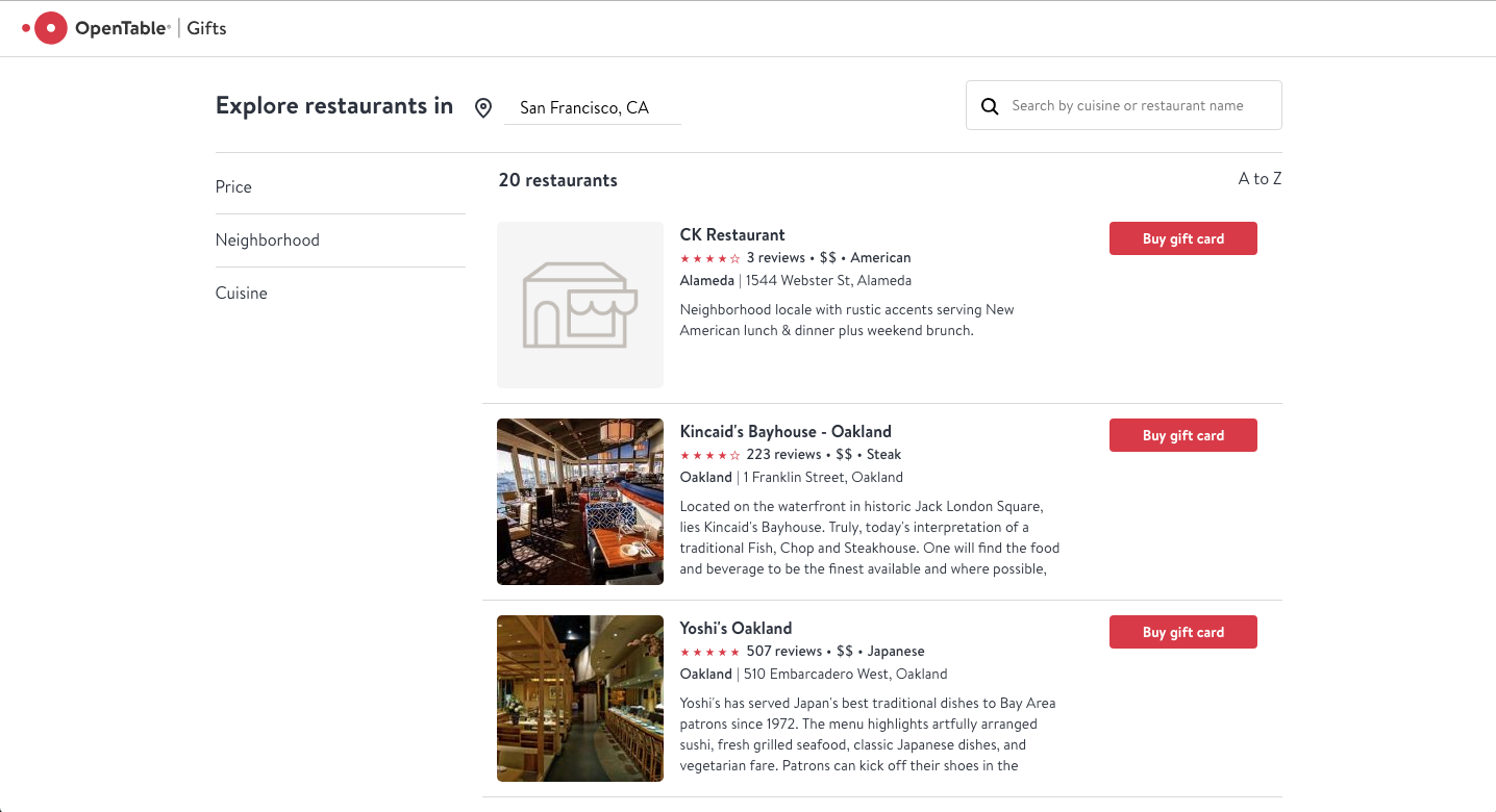 Welcome to the New OpenTable Gifts