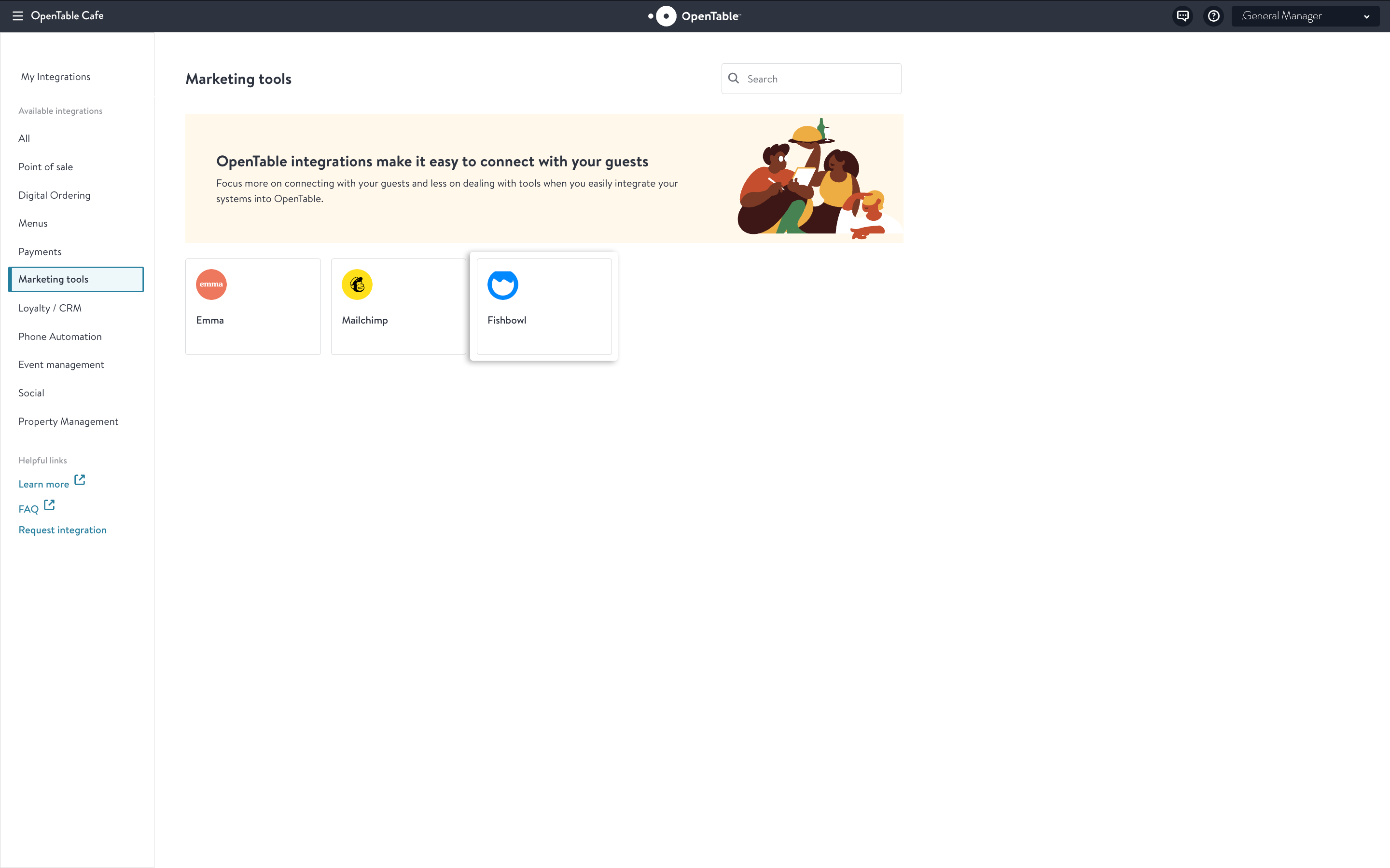 Conecta Fishbowl con OpenTable en el Centro de Integraciones
