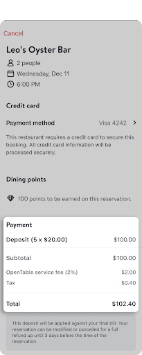 OpenTable service fees for Stripe users