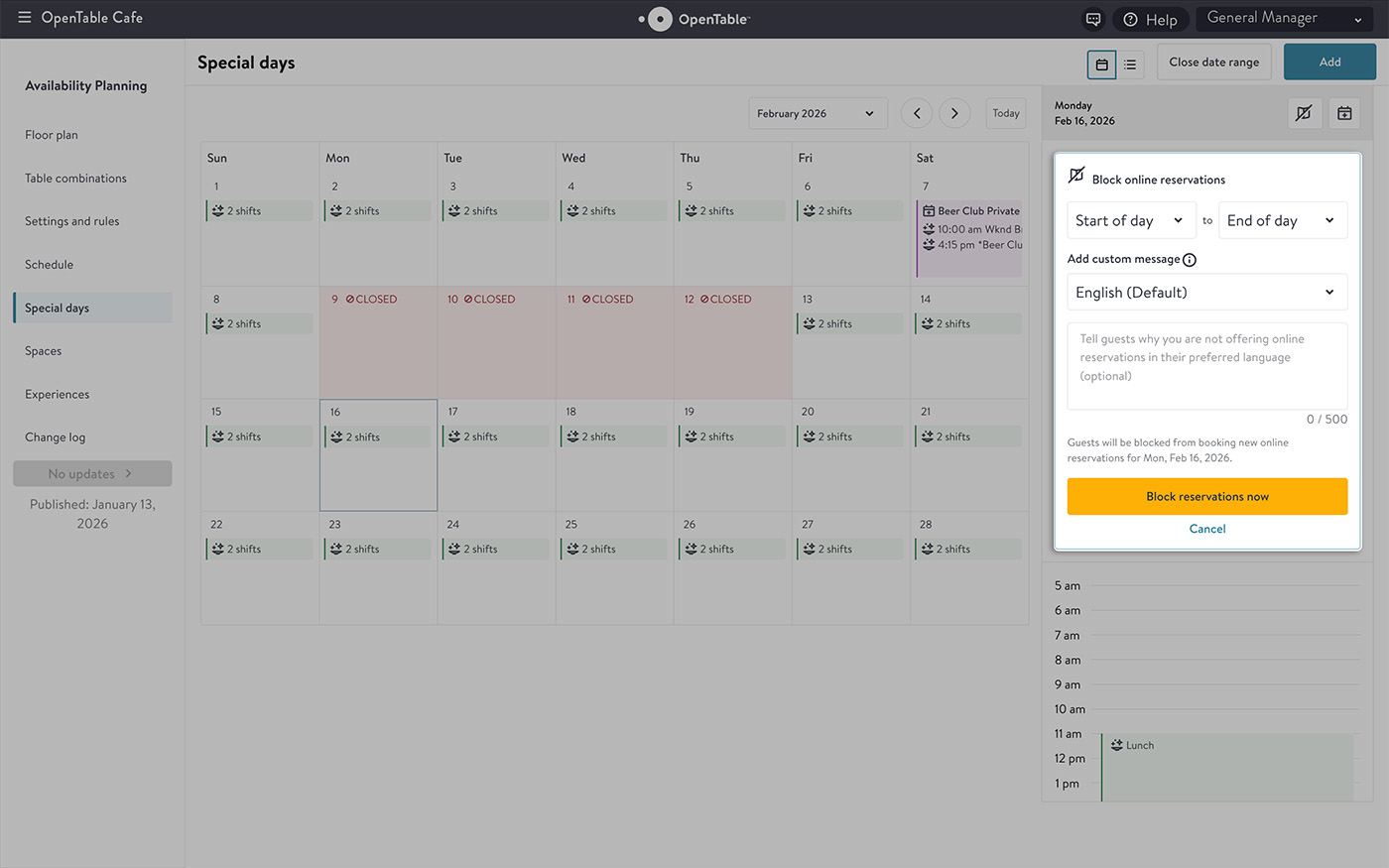 Block online reservations in OpenTable for Restaurants